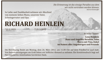Traueranzeige von Richard Heinlein von Pegnitz-Zeitung